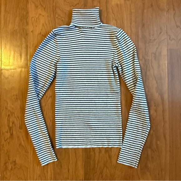 FRANKIES BIKINIS Tucker Knit Sweater Montauk Stripe Blue Brown Turtleneck Medium - Picture 2 of 7